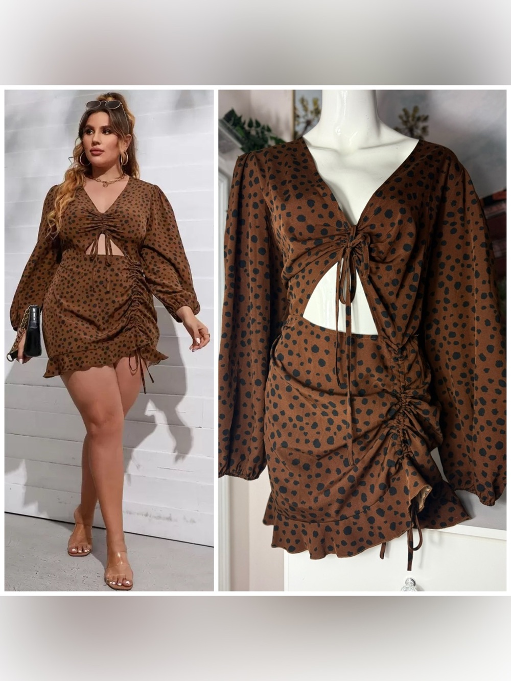 Shein Leopard Print Cut Out Ruched Mini Dress Brown Black Curve Size 3XL